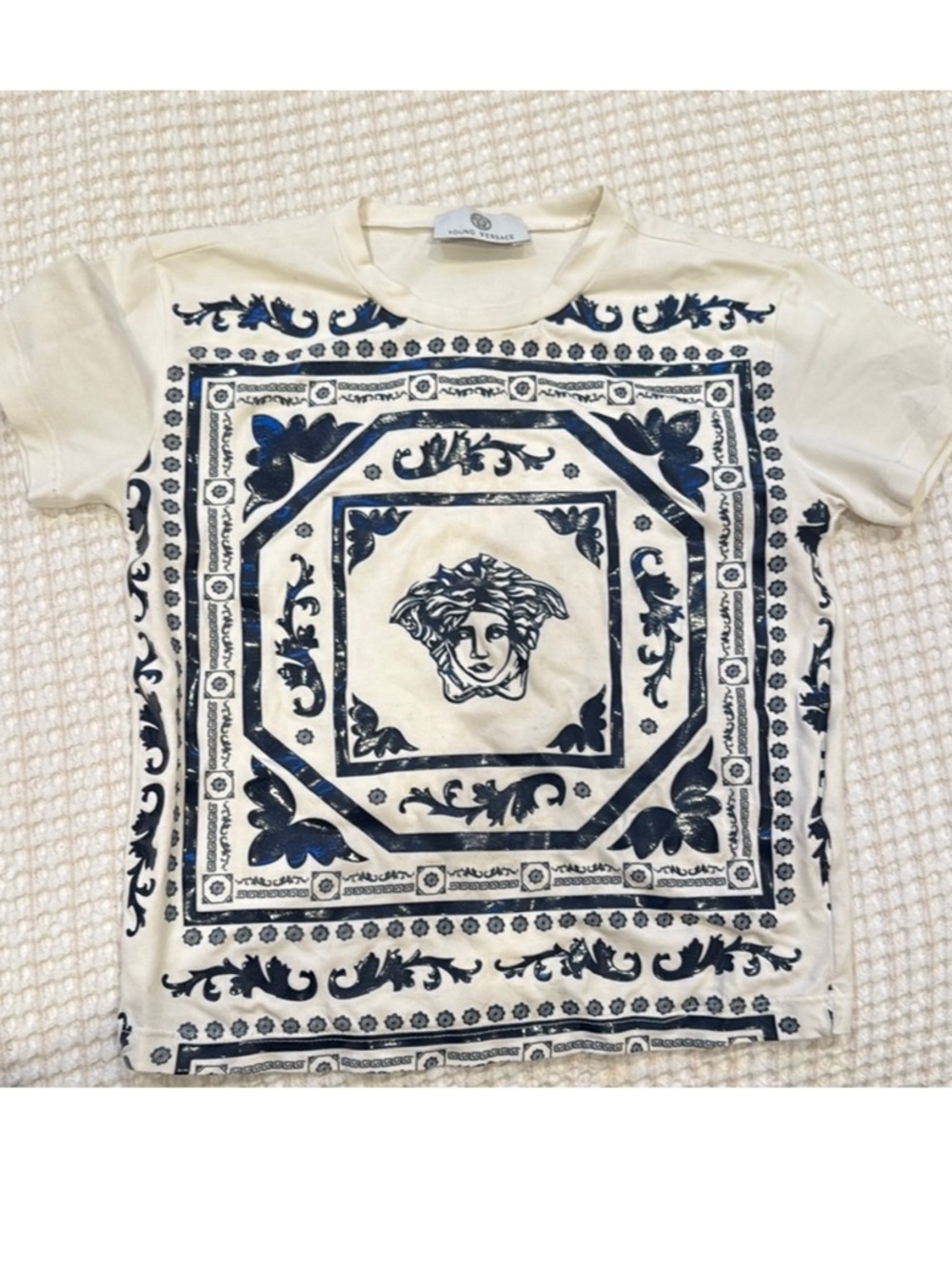Versace Kids Cream T-Shirt with Navy Baroque Medusa Print
